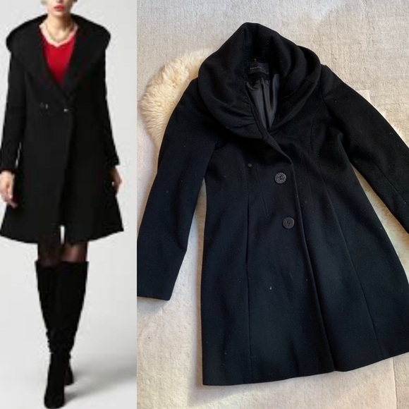 Tahari Black Classic Designer Cowl Collar Wool Winter Pea Coat Size 4 - Picture 1 of 9